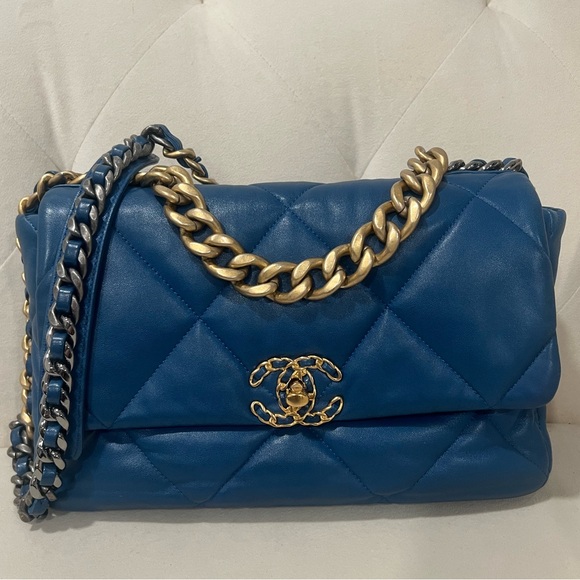 CHANEL Handbags - CHANEL Blue Flap 19 Quilted Lambskin Bag with Gold Hardware